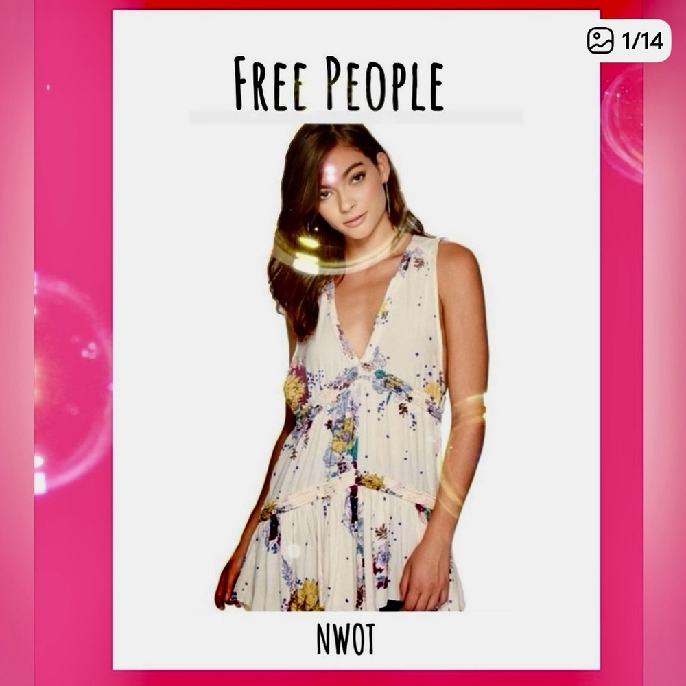 🌸Free People Blush Pink Combo Purple Haze Floral Tiered Tunic Top🌸